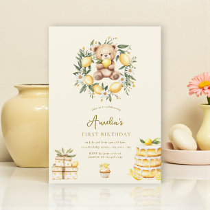 Whimsical Teddy Bear Lemon first birthday Invitation