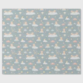 Whimsical Teddy Bear on Clouds Night Wrapping Paper