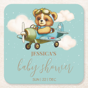 Whimsical Teddy Bear Pilot Aeroplane Baby Shower Square Paper Coaster