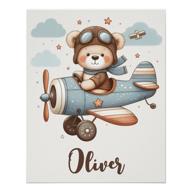 Whimsical Teddy Bear Pilot Personalised Poster (Front)