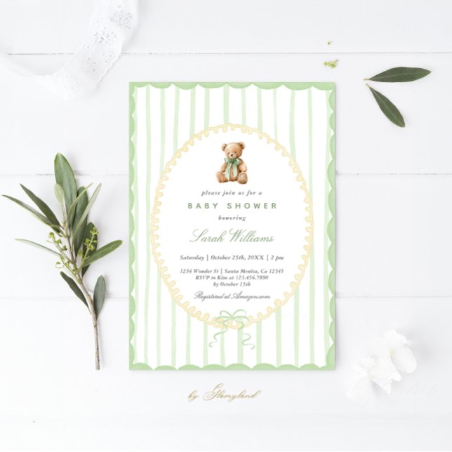 Whimsical Teddy Bear Sage Baby Shower Boy Invitation (Creator Uploaded)