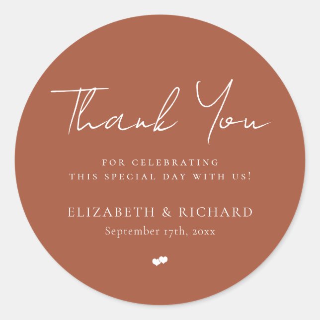 Whimsical Terracotta Burnt Thank You Wedding Classic Round Sticker (Front)