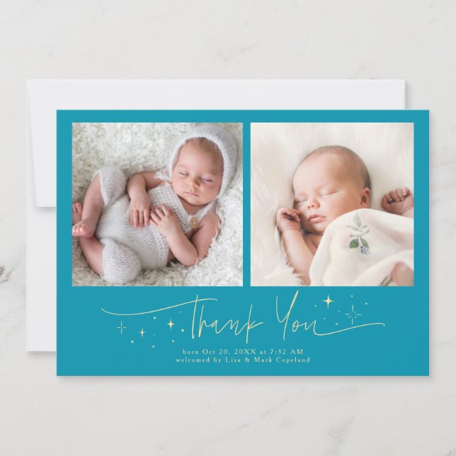 Whimsical Thank You Script Aqua Blue Birth Announcement (Front)