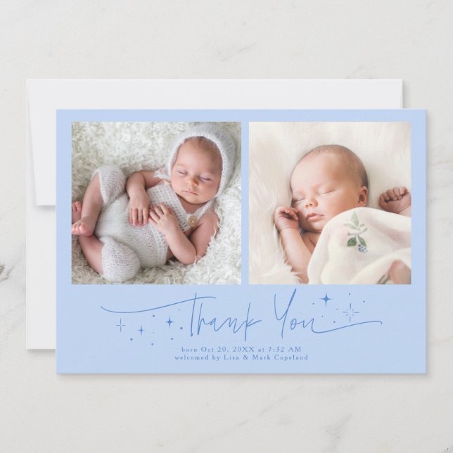 Whimsical Thank You Script Icy Blue Birth Announcement (Front)