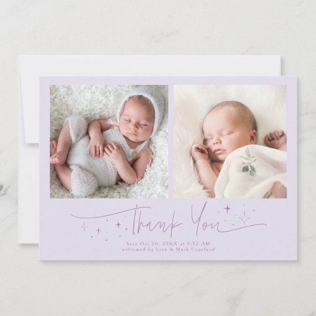 Whimsical Thank You Script Lilac Birth Announcement (Front)