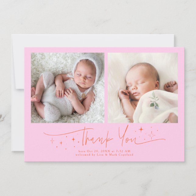 Whimsical Thank You Script Orange Pink Birth Announcement (Front)