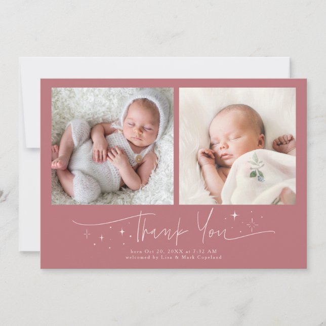 Whimsical Thank You Script Pink Birth Announcement (Front)
