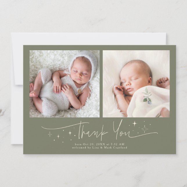 Whimsical Thank You Script Sage Green Birth Announcement (Front)