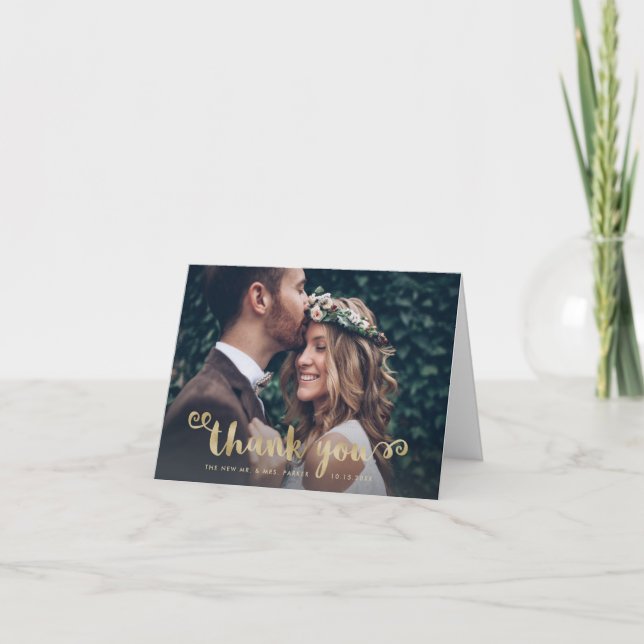 Whimsical Thanks | Wedding Photo and Gold Script Thank You Card (Front)