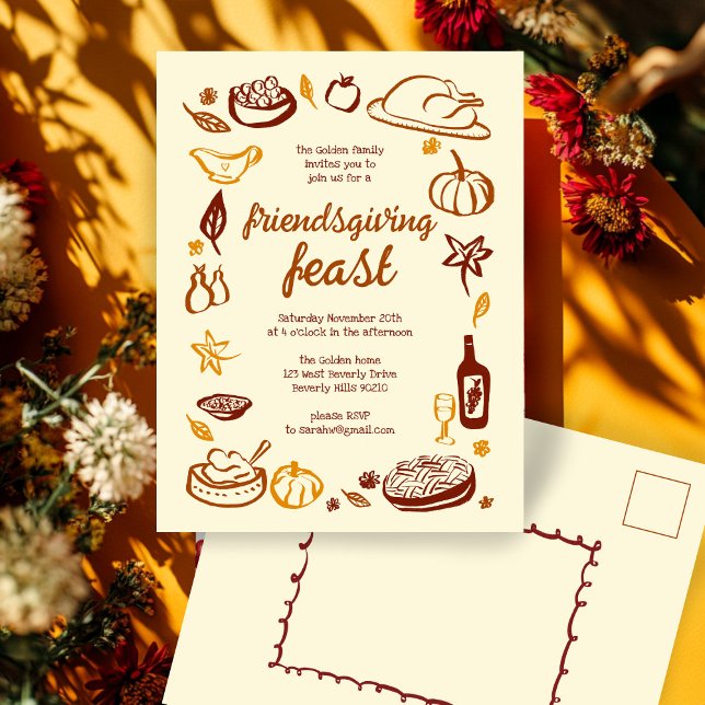 Whimsical Thanksgiving Friendsgiving Dinner Custom Postcard (Whimsical Thanksgiving Friendsgiving Dinner Doodle Custom Postcard Invitation
)