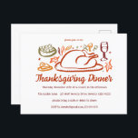 Whimsical Thanksgiving Friendsgiving Dinner Party Postcard<br><div class="desc">Perfect cute postcard for a fun autumn dinner party invitation! Hand made art for you! Perfect for a Thanksgiving holiday, Friendsgiving, autumn or fall dinner party or other event. FULLY CUSTOMIZABLE! Click on “Personalise” above to edit the text. Click "edit using design tool" to adjust the fonts, colours and placements....</div>