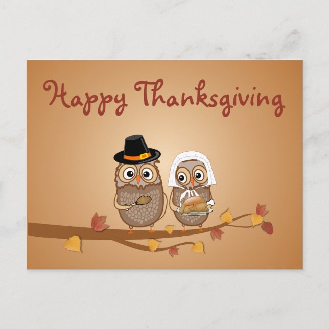 Whimsical Thanksgiving Owls Holiday Postcard (Front)