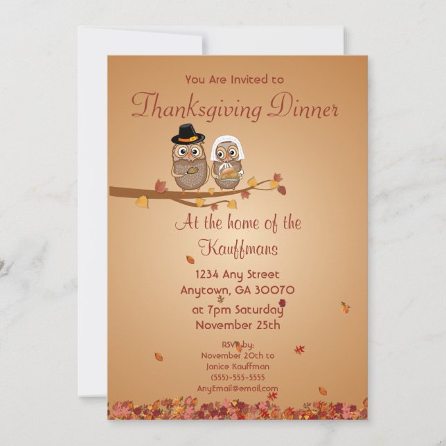 Whimsical Thanksgiving Owls Invitation Card (Front)