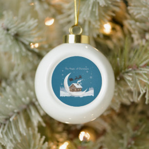 Whimsical "The Magic of Christmas" Santa Sleigh  Ceramic Ball Christmas Ornament