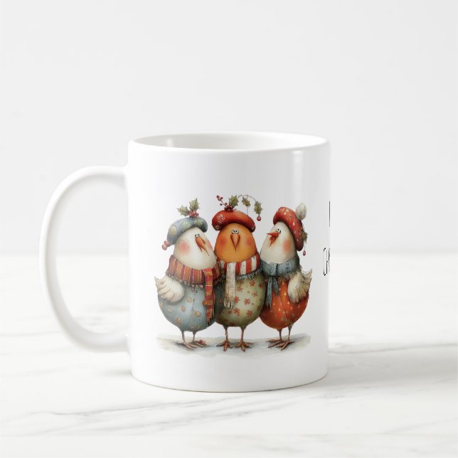 Whimsical Three French Hens 12 Days Christmas 11oz Coffee Mug (Left)