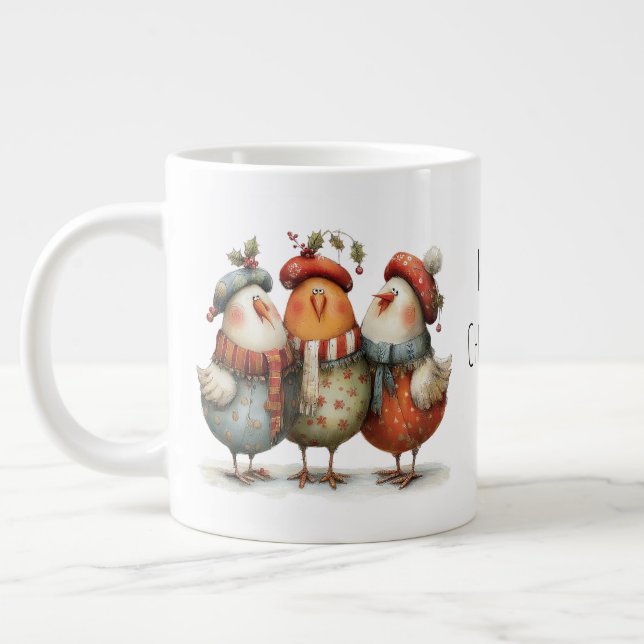 Whimsical Three French Hens 12 Days of Christmas Large Coffee Mug (Left)
