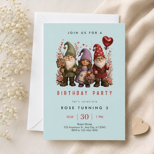 Whimsical Three Gnomes 3rd Birthday Party Invitation (Creator Uploaded)