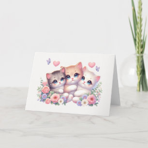 Whimsical Three-Kitten Pastel Floral Blank Card