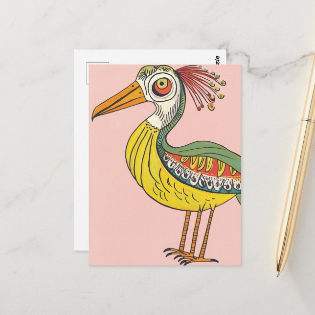 whimsical three legged bird postcard (Front/Back In Situ)