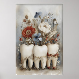 Whimsical Three Teeth Print, Floral Tooth Nursery Poster