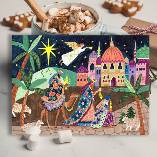 Whimsical Three Wise Men Kings with star and gifts Holiday Postcard