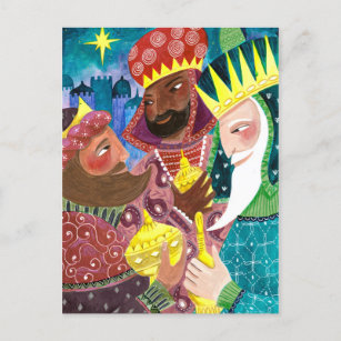 Whimsical Three Wise Men Kings with star and gifts Holiday Postcard