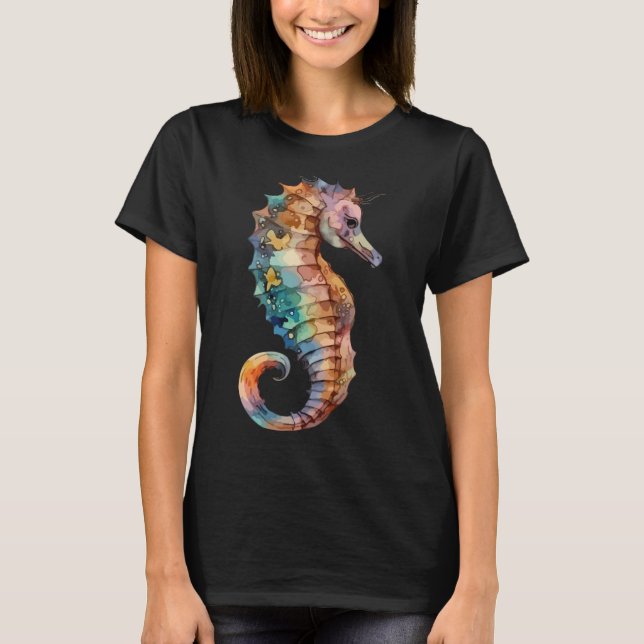 Whimsical Tide: A Seahorse's Ballet T-Shirt (Front)