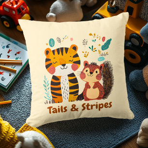 Whimsical Tiger and Squirrel Nursery Illustration Cushion