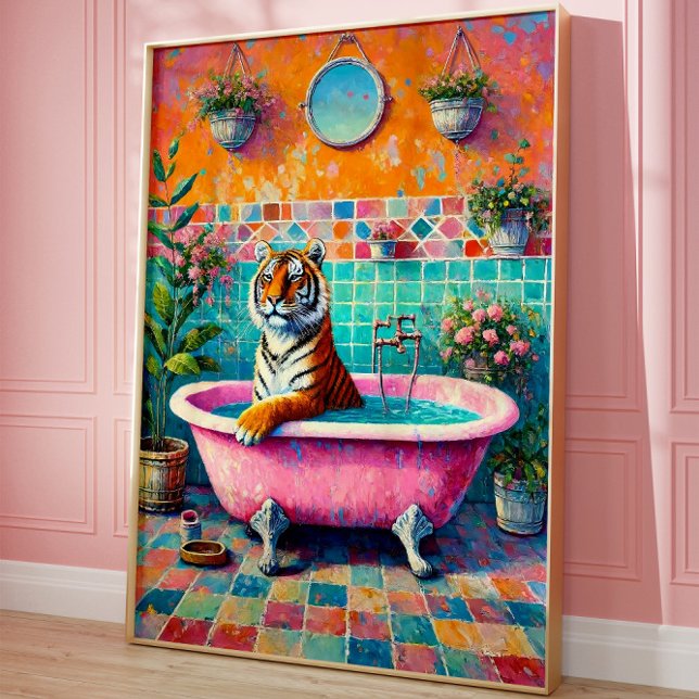Whimsical Tiger in Pink Bathtub Boho Bathroom Art Poster (Creator Uploaded)