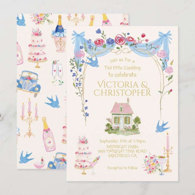 Whimsical Tini little Wedding cottage Invitation (Front/Back)