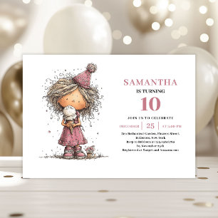 Whimsical Toddler Girl 10th Birthday Invite Pink