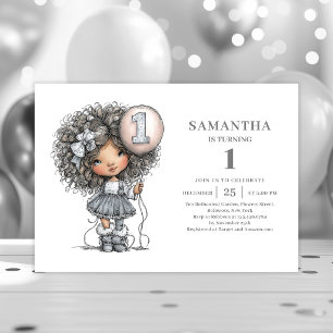 Whimsical Toddler Girl Black Gold 1st Birthday  Invitation