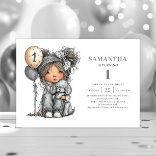 Whimsical Toddler Girl Black Gold 1st Birthday  Invitation