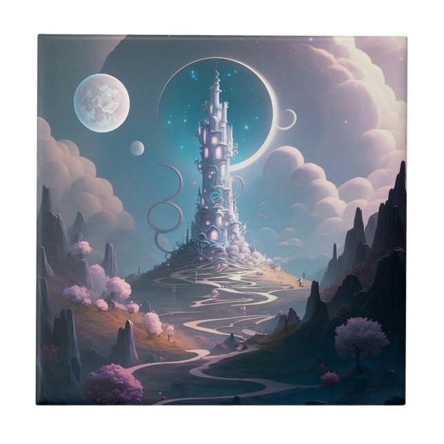 Whimsical Tower Landscape Fantasy Art Tile (Front)