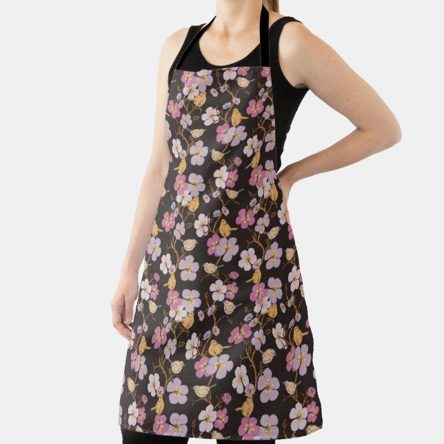 Whimsical Trailing Florals and Birds - Black/Grey Apron (Insitu)