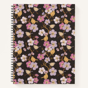 Whimsical Trailing Florals and Birds - Black/Grey Notebook
