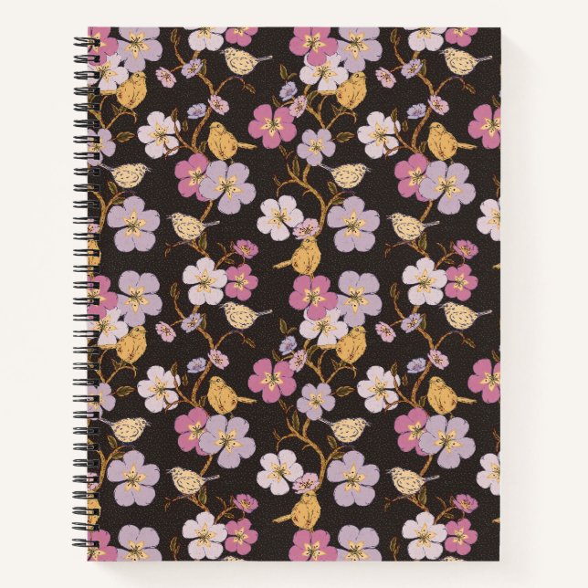 Whimsical Trailing Florals and Birds - Black/Grey Notebook (Front)