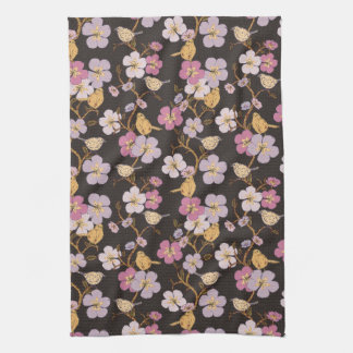 Whimsical Trailing Florals and Birds - Black/Grey Tea Towel
