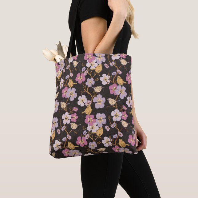 Whimsical Trailing Florals and Birds - Black/Grey Tote Bag (Close Up)