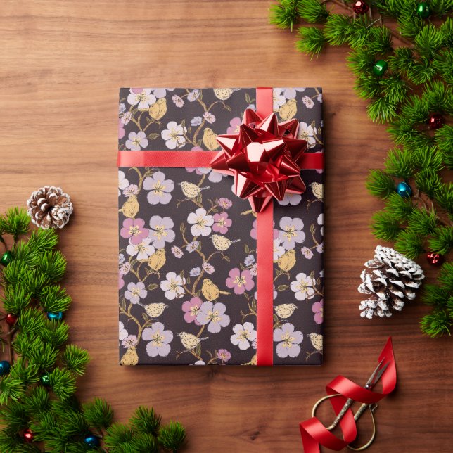 Whimsical Trailing Florals and Birds - Black/Red Wrapping Paper (Holiday Gift)