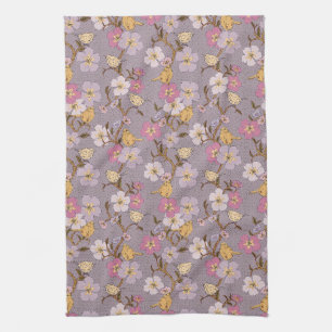 Whimsical Trailing Florals and Birds - Lavender Tea Towel