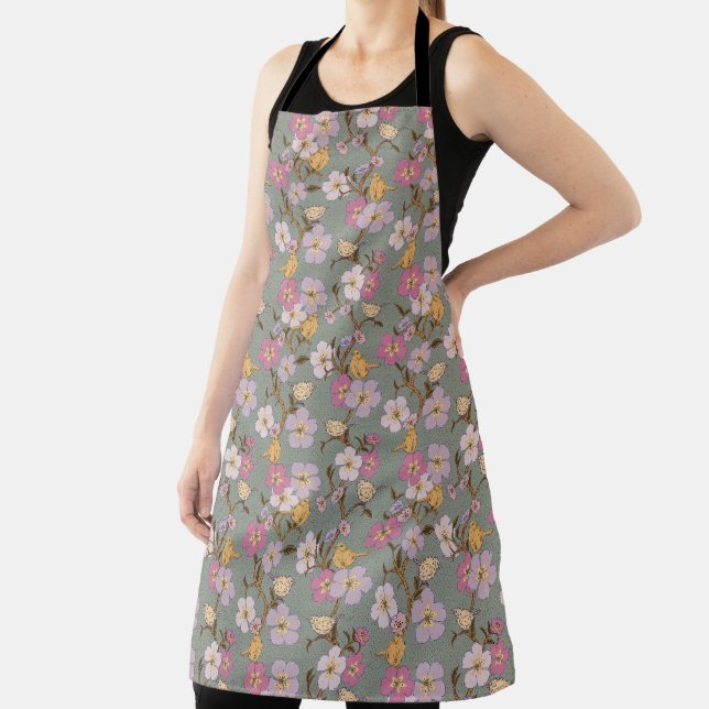 Whimsical Trailing Florals and Birds - Sage Green Apron (Insitu)
