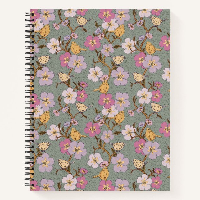 Whimsical Trailing Florals and Birds - Sage Green Notebook (Front)