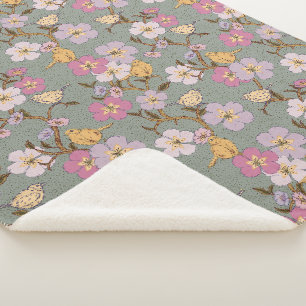Whimsical Trailing Florals and Birds - Sage Green Sherpa Blanket