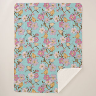 Whimsical Trailing Florals and Birds - Turquoise Sherpa Blanket
