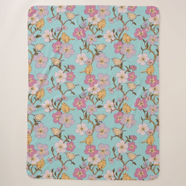 Whimsical Trailing Florals and Birds - Turquoise Sherpa Blanket (Front)