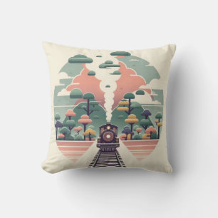 Whimsical Train Journey: Retro-Style Landscape Cushion