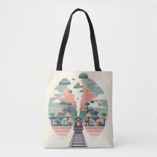 Whimsical Train Journey: Retro-Style Landscape Tote Bag
