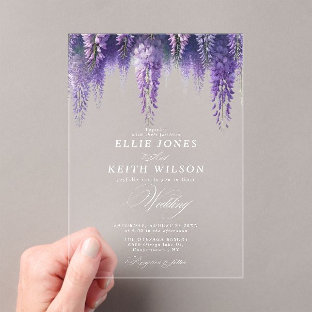 Whimsical Transparent Purple Floral Wedding Acrylic Invitations (Insitu (Handheld))