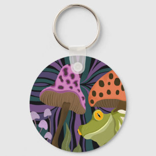 Whimsical Tree Frog And Mushrooms Key Ring